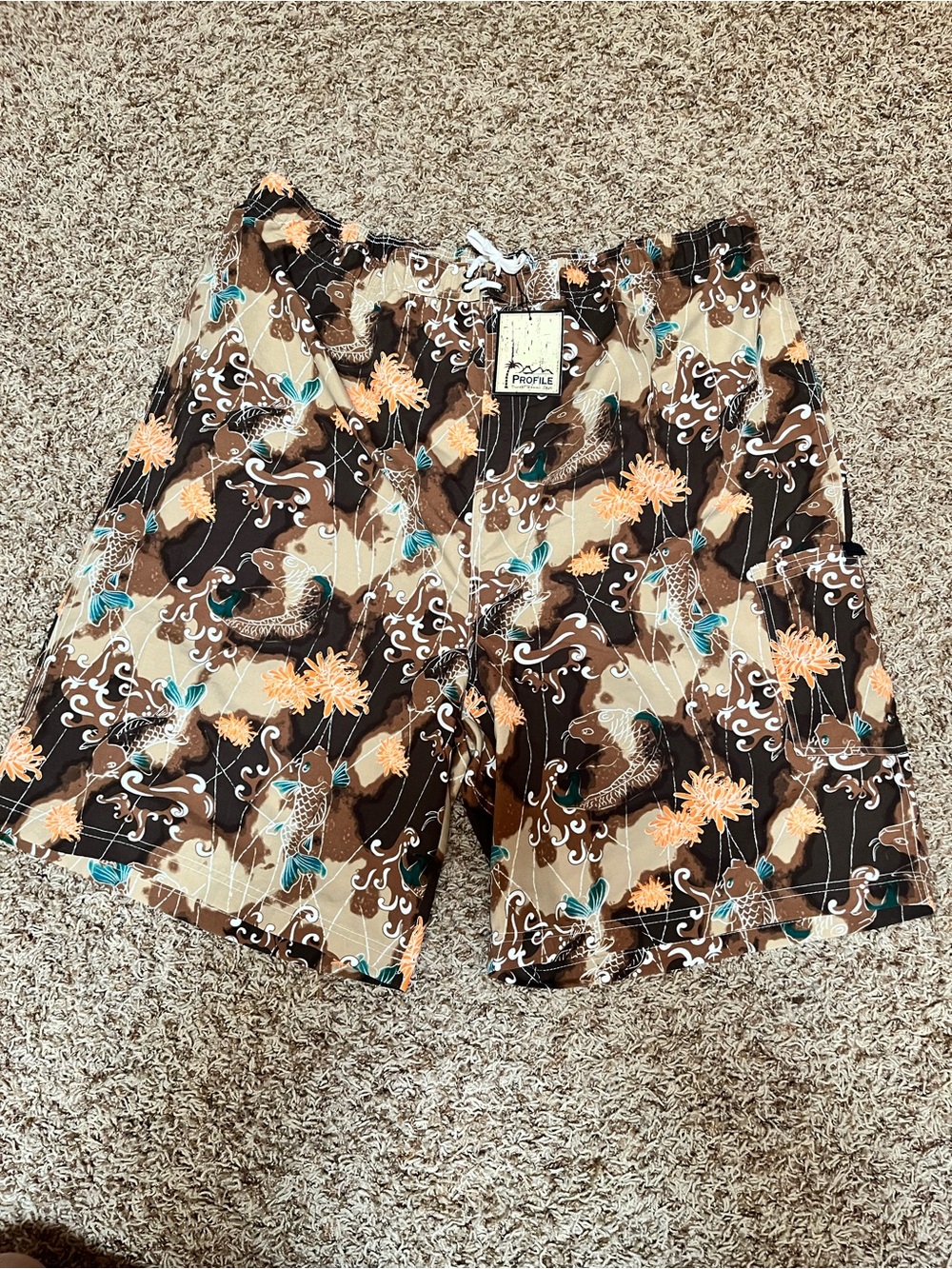 Men's Floral Camo koi fish Swim Shorts Brown/Tan with Teal & Orange Accents NOS